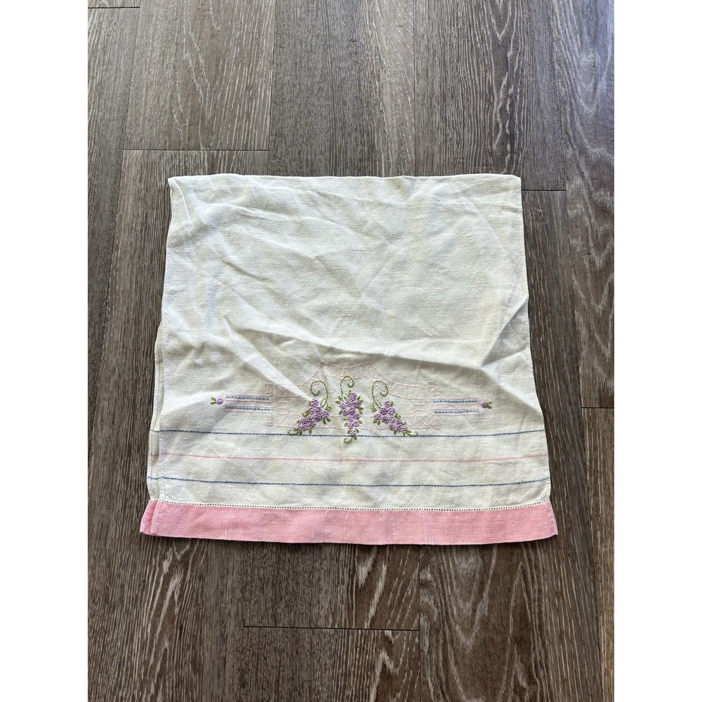 Vintage Hand Embroidered Tea Towel Linen 1950s Purple Lilac Flowers Pink